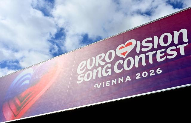 The logo of the Eurovision Song Contest (ESC) is seen on the facade of the Stadthalle in Vienna on April 1, 2026. The Austrian capital Vienna will host the Eurovision Song Contest 2026 from May 12 to 16, 2026. (Photo by HANS KLAUS TECHT / APA / AFP) / Austria OUT