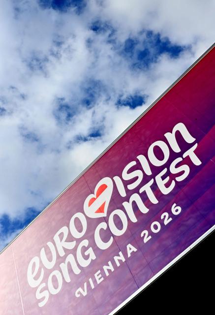 The logo of the Eurovision Song Contest (ESC) is seen on the facade of the Stadthalle in Vienna on April 1, 2026. The Austrian capital Vienna will host the Eurovision Song Contest 2026 from May 12 to 16, 2026. (Photo by HANS KLAUS TECHT / APA / AFP) / Austria OUT