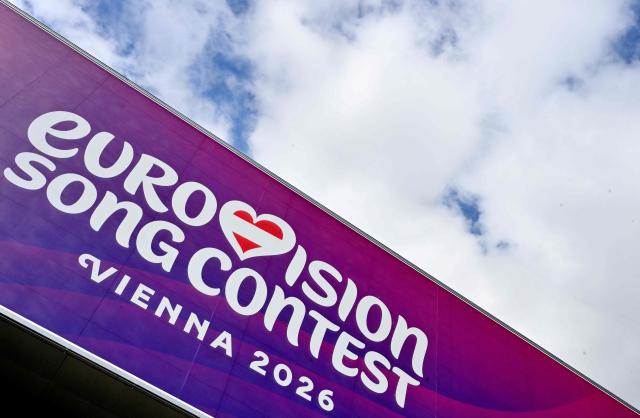 The logo of the Eurovision Song Contest (ESC) is seen on the facade of the Stadthalle in Vienna on April 1, 2026. The Austrian capital Vienna will host the Eurovision Song Contest 2026 from May 12 to 16, 2026. (Photo by HANS KLAUS TECHT / APA / AFP) / Austria OUT
