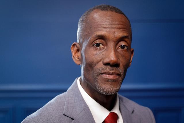 TOPSHOT - La France Insoumise (LFI) Saint-Denis Mayor Bally Bagayoko poses during a photo session following an interview with AFP at the city hall in Saint-Denis, northern suburb of Paris on April 1, 2026. (Photo by GEOFFROY VAN DER HASSELT / AFP)