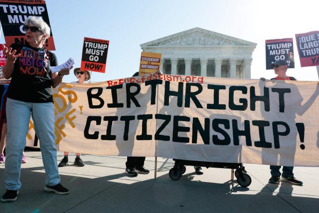 Demonstrators rally in support of birthright citizenship outside the US Supreme Court as President Donald Trump attends oral arguments in Washington, DC on April 1, 2026. President Donald Trump is watching in person as the US Supreme Court hears a landmark case weighing the constitutionality of his contentious bid to end birthright citizenship, an extraordinary and possibly unprecedented move for the nation's highest office. (Photo by Kent Nishimura / AFP)