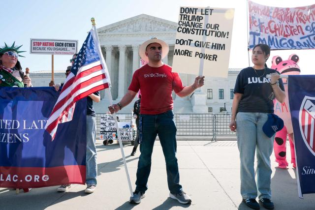 Demonstrators rally in support of birthright citizenship outside the US Supreme Court as President Donald Trump attends oral arguments in Washington, DC on April 1, 2026. President Donald Trump is watching in person as the US Supreme Court hears a landmark case weighing the constitutionality of his contentious bid to end birthright citizenship, an extraordinary and possibly unprecedented move for the nation's highest office. (Photo by Kent Nishimura / AFP)