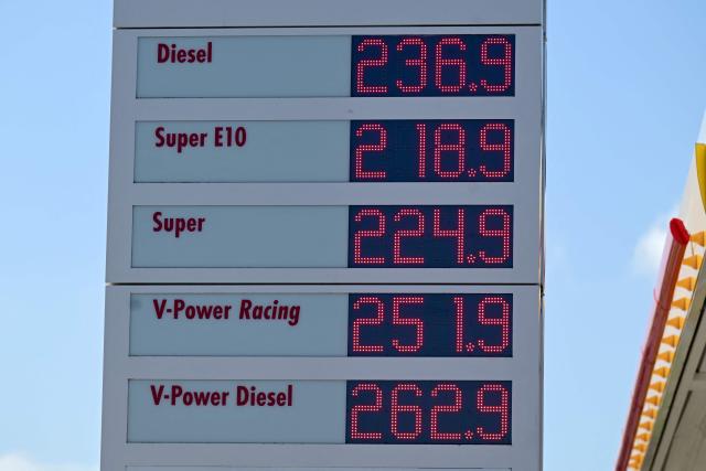 A digital display shows the price of petrol at a Shell petrol station in Muenster on April 1, 2026. Oil and natural gas prices have surged since the end of February 2026, when the United States and Israel began attacking Iran, plunging the Middle East into turmoil. (Photo by Ina FASSBENDER / AFP)