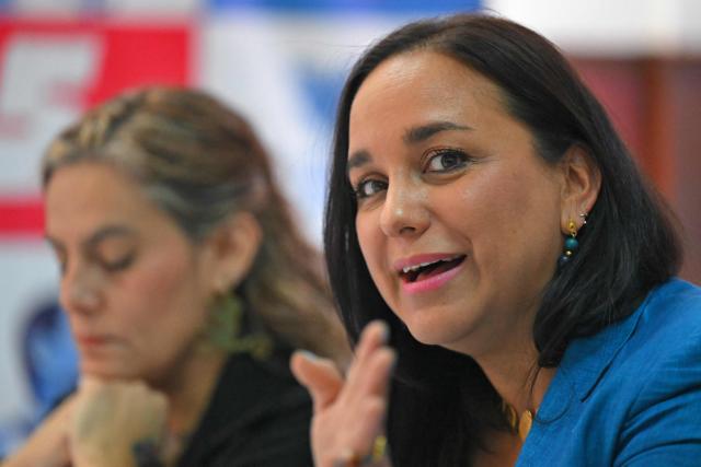 Ecuador's president of the Revolucion Ciudadana party, Gabriela Rivadeneira, speaks during a press conference for the foreign press at the party headquarters in Quito on April 1, 2026. The left-wing party Revolucion Ciudadana, which is aligned with former Ecuador's President Rafael Correa (2007–2017), was suspended for nine months in March 2026 due to a prosecutor’s investigation into alleged money laundering. (Photo by Rodrigo BUENDIA / AFP)