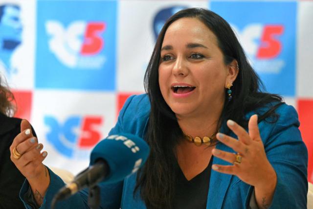 Ecuador's president of the Revolucion Ciudadana party, Gabriela Rivadeneira, speaks during a press conference for the foreign press at the party headquarters in Quito on April 1, 2026. The left-wing party Revolucion Ciudadana, which is aligned with former Ecuador's President Rafael Correa (2007–2017), was suspended for nine months in March 2026 due to a prosecutor’s investigation into alleged money laundering. (Photo by Rodrigo BUENDIA / AFP)