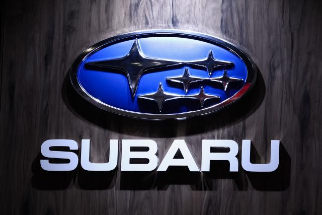 The logo of car manufacturer Subaru is pictured during the press preview for the New York International Auto Show at the Jacob Javits Convention Center in New York City on April 1, 2026. (Photo by CHARLY TRIBALLEAU / AFP)