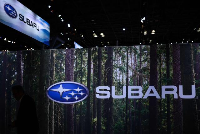 The logo of car manufacturer Subaru is pictured during the press preview for the New York International Auto Show at the Jacob Javits Convention Center in New York City on April 1, 2026. (Photo by CHARLY TRIBALLEAU / AFP)