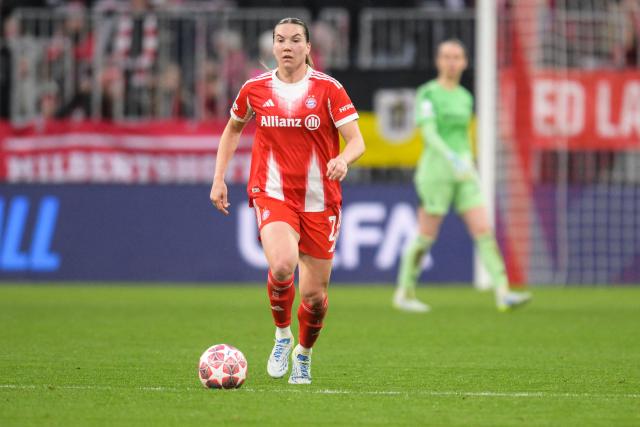 Bayern Munich's Canadian defender #02 Vanessa Gilles plays the ball during the UEFA Women's Champions League, Quarter Final second-leg football match between FC Bayern Munich and Manchester United in Munich on April, 1 2026. (Photo by Markus FISCHER / AFP)
