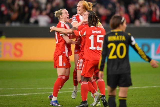 Bayern Munich's team celebrates the 1-1 by Bayern Munich's Icelandic defender #04 Glodis Viggosdottir during the UEFA Women's Champions League, Quarter Final second-leg football match between FC Bayern Munich and Manchester United in Munich on April, 1 2026. (Photo by Markus FISCHER / AFP)