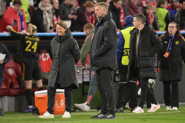 Bayern Munich's Director of the Women’s Football Department Bianca Rech reacts after the UEFA Women's Champions League, Quarter Final second-leg football match between FC Bayern Munich and Manchester United in Munich on April, 1 2026. (Photo by Markus FISCHER / AFP)