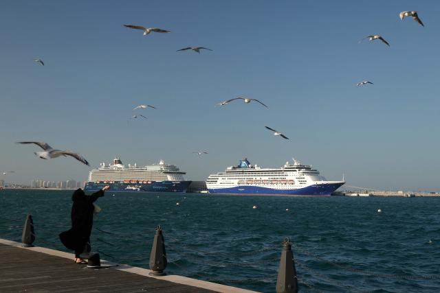 A woman feeds seagulls along the promenade against the backdrop of Celestyal (R) and Mein Schiff cruise ships docked in the Mina district of Doha on April 1, 2026. (Photo by AFP)