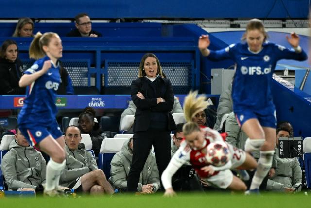 Chelsea's French manager Sonia Bompastor watches the players from the touchline during the UEFA Women's Champions League Quarter Final second-leg football match between Chelsea and Arsenal at Stamford Bridge in London on April 1, 2026. (Photo by Ben STANSALL / AFP)