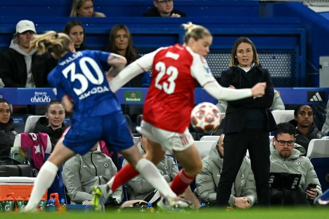 Chelsea's French manager Sonia Bompastor watches the players from the touchline during the UEFA Women's Champions League Quarter Final second-leg football match between Chelsea and Arsenal at Stamford Bridge in London on April 1, 2026. (Photo by Ben STANSALL / AFP)