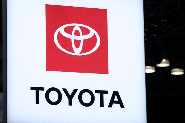 The logo of the car manufacturer Toyota is seen during the press preview for the New York International Auto Show at the Jacob Javits Convention Center in New York City on April 1, 2026. (Photo by CHARLY TRIBALLEAU / AFP)