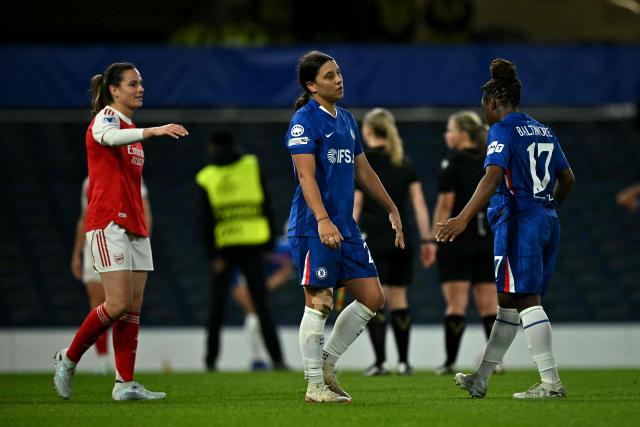 Chelsea's Australian striker #20 Sam Kerr reacts after the UEFA Women's Champions League Quarter Final second-leg football match between Chelsea and Arsenal at Stamford Bridge in London on April 1, 2026. (Photo by Ben STANSALL / AFP)
