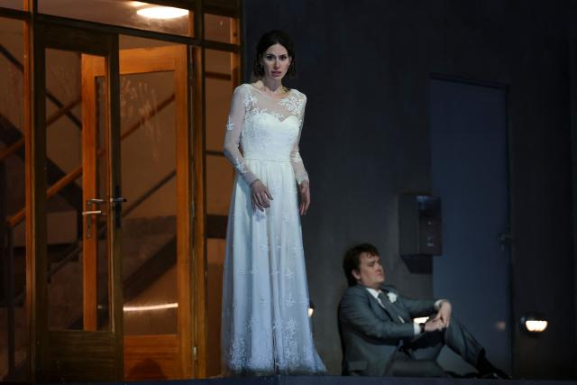 US soprano Jacquelyn Stucker and Finnish-US tenor Miles Mykkanen perform on stage during a rehearsal of "Innocence", the final opera by the late Finnish composer Kaija Saariaho, at the Metropolitan Opera in New York on April 1, 2026. "Innocence" opens on April 6, 2026, and runs through April 29, 2026, at the Metropolitan Opera. (Photo by ANGELA WEISS / AFP)
