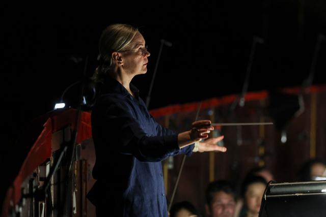 Finnish conductor Susanna Mälkki conducts a rehearsal of "Innocence", the final opera by the late Finnish composer Kaija Saariaho, at the Metropolitan Opera in New York on April 1, 2026. (Photo by ANGELA WEISS / AFP)
