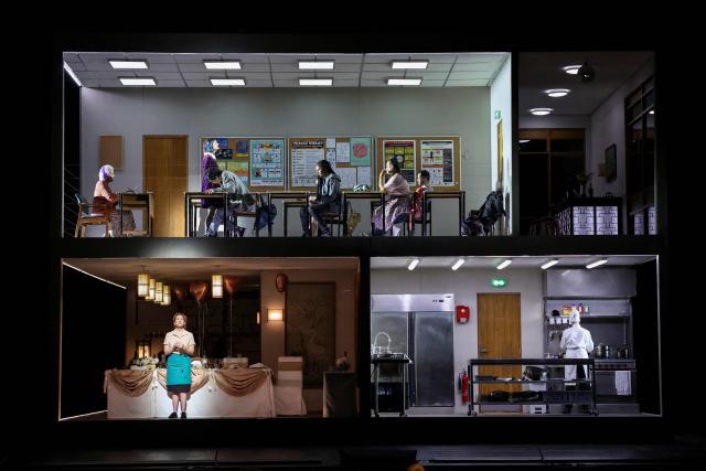 US mezzo-soprano Joyce Didonato (L) performs on stage during a rehearsal of "Innocence", the final opera by the late Finnish composer Kaija Saariaho, at the Metropolitan Opera in New York on April 1, 2026. "Innocence" opens on April 6, 2026, and runs through April 29, 2026, at the Metropolitan Opera. (Photo by ANGELA WEISS / AFP)