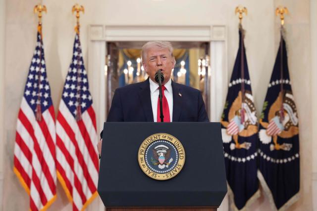 US President Donald Trump speaks during a televised address on the conflict in the Middle East from the Cross Hall of the White House in Washington, DC on April 1, 2026. (Photo by Alex Brandon / POOL / AFP)