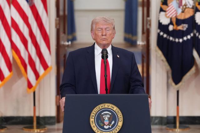 US President Donald Trump pauses as he speaks during a televised address on the conflict in the Middle East from the Cross Hall of the White House in Washington, DC on April 1, 2026. (Photo by Alex Brandon / POOL / AFP)