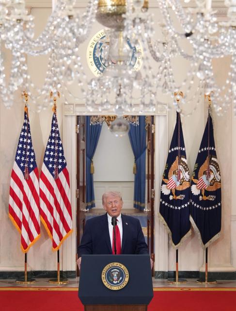 US President Donald Trump speaks during a televised address on the conflict in the Middle East from the Cross Hall of the White House in Washington, DC on April 1, 2026. (Photo by Alex Brandon / POOL / AFP)