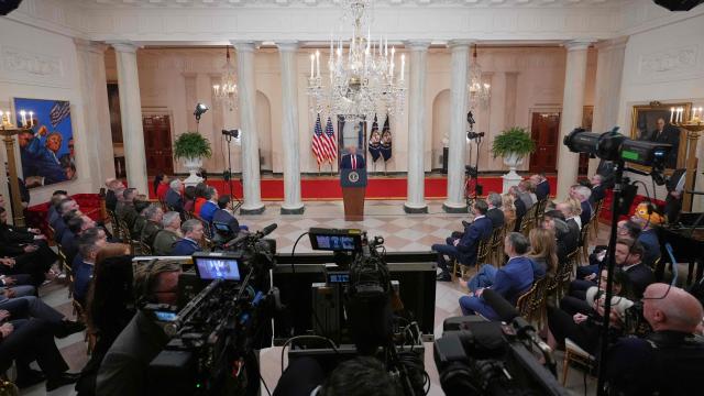 US President Donald Trump speaks during a televised address on the conflict in the Middle East from the Cross Hall of the White House in Washington, DC on April 1, 2026. (Photo by Alex Brandon / POOL / AFP)