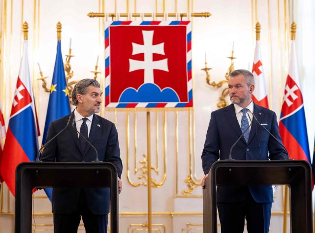 Slovakia’s President Peter Pellegrini (R) and his Georgian counterpart Mikheil Kavelashvili address a joint press conference in Bratislava, Slovakia, on April 2, 2026. (Photo by Joe Klamar / AFP)