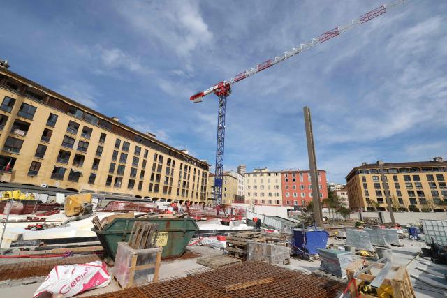 This photograph shows a general view of the Charles de Gaulle Square as workers operate as part of its renovation in Ajaccio, on the French Mediterranean island of Corsica on April 2, 2026. (Photo by Pascal POCHARD-CASABIANCA / AFP)
