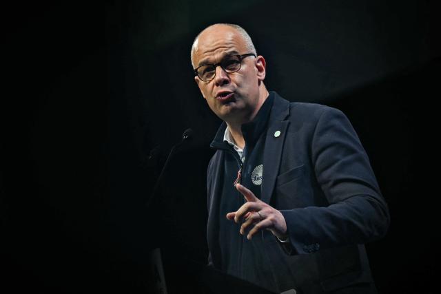 FNSEA (French National Federation of Farmers' Unions) president Arnaud Rousseau delivers a speech during the 80th Congress of the FNSEA at the Exhibition Park in Caen on April 2, 2026. (Photo by Lou BENOIST / AFP)