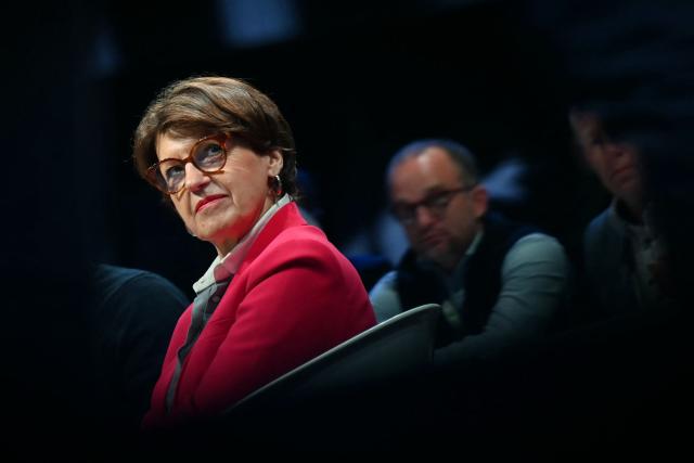French Minister of Agriculture and Food Sovereignty Annie Genevard attend the 80th Congress of the FNSEA (French National Federation of Farmers' Unions) at the Exhibition Park in Caen on April 2, 2026. (Photo by Lou BENOIST / AFP)