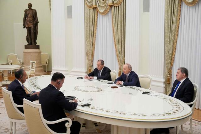 Russia's President Vladimir Putin (2nd R) and Egypt's Minister of Foreign Affaires Badr Abdelatty attend a meeting at the Senate Palace of the Kremlin in Moscow on April 2, 2026. (Photo by Alexander Zemlianichenko / POOL / AFP)