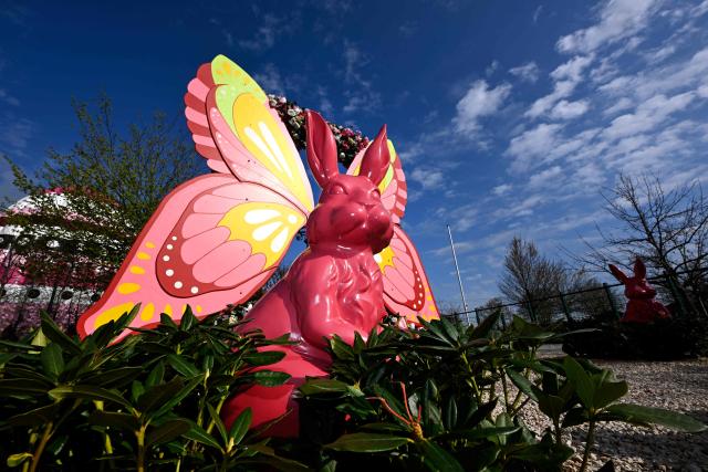 An oversized Easter bunny decorates the 'Gertrudenhof' adventure farm for children in Huerth, western Germany on April 2, 2026, ahead of the Easter celebrations. (Photo by Ina FASSBENDER / AFP)