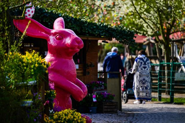 An oversized Easter bunny decorates the 'Gertrudenhof' adventure farm for children in Huerth, western Germany on April 2, 2026, ahead of the Easter celebrations. (Photo by Ina FASSBENDER / AFP)