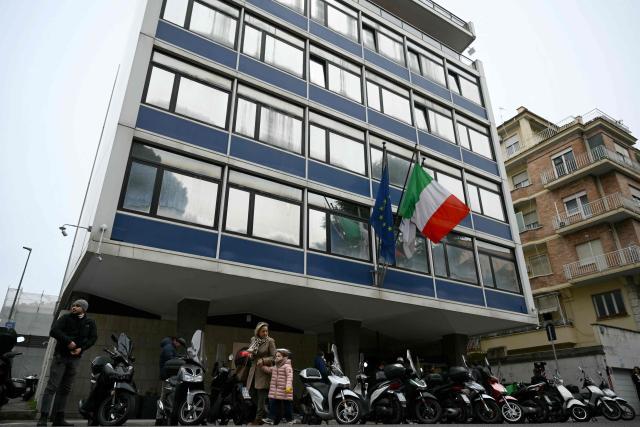 A picture shows the Federazione Italiana Giuoco Calcio (FIGC) headquarters during a meeting of the Italian football authorities after the national team failed to qualify for a third consecutive World Cup, in Rome on April 2, 2026. (Photo by Alberto PIZZOLI / AFP)