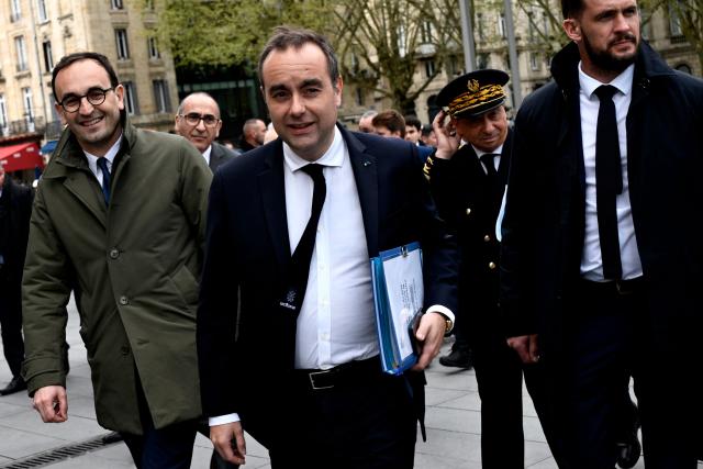 Mayor of Bordeaux Thomas Cazenave (L) greets French Prime Minister Sebastien Lecornu to discuss public safety ahead of new policing legislation at the city hall in Bordeaux on April 2, 2026, . (Photo by Philippe Lopez / AFP)