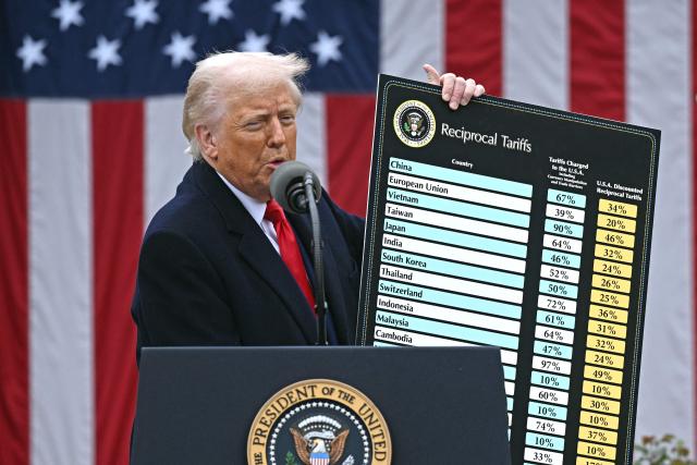 (FILES) US President Donald Trump holds a chart as he delivers remarks on reciprocal tariffs during an event in the Rose Garden entitled "Make America Wealthy Again" at the White House in Washington, DC, on April 2, 2025. The US trade deficit widened in Februart 2026 but less than analysts expected, government data showed on April 2, 2026, a year since President Donald Trump unleashed sweeping tariffs on virtually all trading partners. The overall gap expanded 4.9 percent to $57.3 billion as both imports and exports climbed, said the Commerce Department. Turmoil over Trump's tariff agenda, however, looks set to continue swaying trade flows in the world's biggest economy. (Photo by Brendan SMIALOWSKI / AFP)