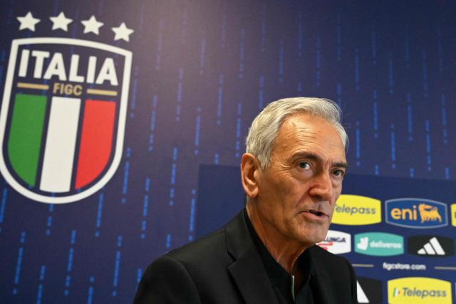 (FILES) Italian Football Federation (FIGC) President Gabriele Gravina attends a press conference at the team's base camp in Iserlohn, on June 30, 2024, after they were eliminated by Switzerland in a round of 16 match of the UEFA Euro 2024 football championship. Gabriele Gravina revealed he would step down as the country's top football official following a meeting held at the FIGC's headquarters in Rome on April 02, 2026. The head of Italy's football federation resigned, falling on his sword after the men's national team failed to qualify for the World Cup for a third consecutive time. (Photo by Alberto PIZZOLI / AFP)