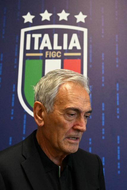 (FILES) Italian Football Federation (FIGC) President Gabriele Gravina attends a press conference at the team's base camp in Iserlohn, on June 30, 2024, after they were eliminated by Switzerland in a round of 16 match of the UEFA Euro 2024 football championship. Gabriele Gravina revealed he would step down as the country's top football official following a meeting held at the FIGC's headquarters in Rome on April 02, 2026. The head of Italy's football federation resigned, falling on his sword after the men's national team failed to qualify for the World Cup for a third consecutive time. (Photo by Alberto PIZZOLI / AFP)