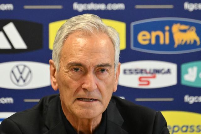 (FILES) Italian Football Federation (FIGC) President Gabriele Gravina gives a press conference at the team's base camp in Iserlohn, on June 30, 2024, after they were eliminated by Switzerland in a round of 16 match of the UEFA Euro 2024 football championship. Gabriele Gravina revealed he would step down as the country's top football official following a meeting held at the FIGC's headquarters in Rome on April 02, 2026. The head of Italy's football federation resigned, falling on his sword after the men's national team failed to qualify for the World Cup for a third consecutive time. (Photo by Alberto PIZZOLI / AFP)