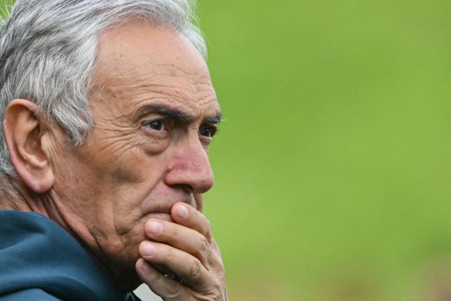 (FILES) President of the Italian Football Federation (FIGC) Gabriele Gravina looks on during a training session in Iserlohn, western Germany, on June 11, 2024, ahead of the UEFA Euro 2024 football championship. Gabriele Gravina revealed he would step down as the country's top football official following a meeting held at the FIGC's headquarters in Rome on April 02, 2026. The head of Italy's football federation resigned, falling on his sword after the men's national team failed to qualify for the World Cup for a third consecutive time. (Photo by Alberto PIZZOLI / AFP)