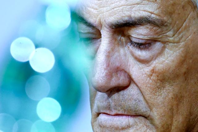 (FILES) Italian Football Federation President Gabriele Gravina looks on during a press conference at the Coverciano training ground in Florence, on September 2, 2023. Gabriele Gravina revealed he would step down as the country's top football official following a meeting held at the FIGC's headquarters in Rome on April 02, 2026. The head of Italy's football federation resigned, falling on his sword after the men's national team failed to qualify for the World Cup for a third consecutive time. (Photo by Filippo MONTEFORTE / AFP)