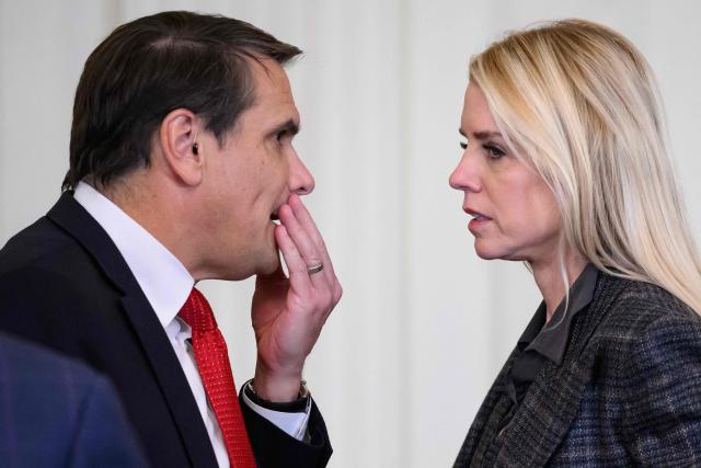 (FILES) US Attorney General Pam Bondi (R) speaks with the Deputy Attorney General Todd Blanche following a ceremony with President Donald Trump and the Florida Panthers of the National Hockey League, winners of the 2025 Stanley Cup, in the East Room of the White House in Washington, DC on January 15, 2026. US media reported on April 2, 2026, that US President Donald Trump has fired Attorney General Pam Bondi.  CNN and other US outlets said Deputy Attorney General Todd Blanche, Trump's former personal lawyer, would serve as acting attorney general. (Photo by MANDEL NGAN / AFP)