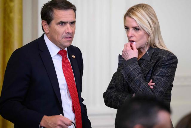 (FILES) US Attorney General Pam Bondi (R) speaks with the Deputy Attorney General Todd Blanche following a ceremony with President Donald Trump and the Florida Panthers of the National Hockey League, winners of the 2025 Stanley Cup, in the East Room of the White House in Washington, DC on January 15, 2026. US media reported on April 2, 2026, that US President Donald Trump has fired Attorney General Pam Bondi.  CNN and other US outlets said Deputy Attorney General Todd Blanche, Trump's former personal lawyer, would serve as acting attorney general. (Photo by MANDEL NGAN / AFP)
