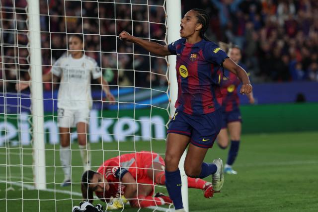 Barcelona's Dutch forward #24 Esmee Brugts celebrates scoring their sixth goal during the UEFA Women's Champions League quarter final second leg football match between FC Barcelona and Real Madrid CF at the Camp Nou stadium in Barcelona on April 2, 2026. (Photo by Lluis GENE / AFP)