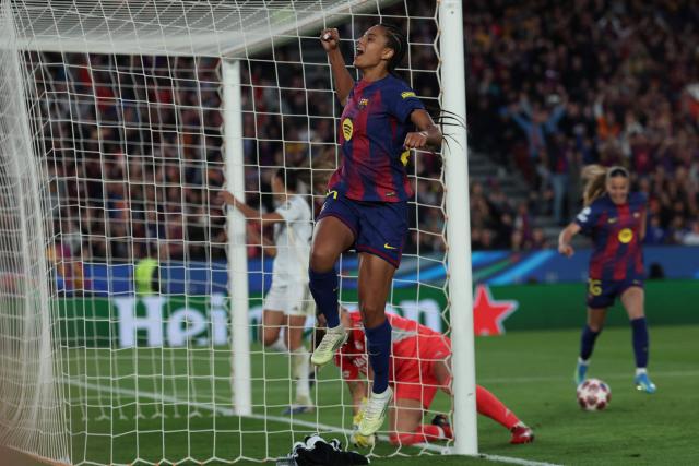 Barcelona's Dutch forward #24 Esmee Brugts celebrates scoring their sixth goal during the UEFA Women's Champions League quarter final second leg football match between FC Barcelona and Real Madrid CF at the Camp Nou stadium in Barcelona on April 2, 2026. (Photo by Lluis GENE / AFP)