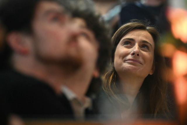 National secretary of French left-wing party The Ecologistes Marine Tondelier looks on during the presentation of her manifesto "What We Owe You. A Manifesto for a Left-Wing and Ecologist Primary" in support of a left-wing primary ahead of the 2027 presidential election in Villepinte on April 2, 2026. (Photo by Martin LELIEVRE / AFP)