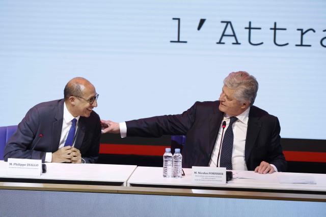 France’s junior Minister in charge of external trade Nicolas Forissier (R) and President of the French Football Federation Philippe Diallo (L) interact during the first operational meeting of the bilateral support committee for the 2030 World Cup in Salй on April 2, 2026. (Photo by Abdel Majid BZIOUAT / AFP)