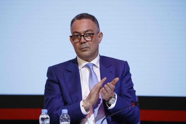 President of the Royal Moroccan Football Federation Fouzi Lekjaa reacts during the first operational meeting of the bilateral support committee for the 2030 World Cup in Salé on April 2, 2026. (Photo by Abdel Majid BZIOUAT / AFP)