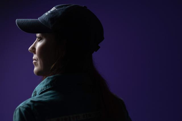 French producer-singer-songwriter of electronic music Cecile Leoge, aka DeLaurentis, poses in her music studio at home during a photo session in Paris, on March 31, 2026. (Photo by JOEL SAGET / AFP)