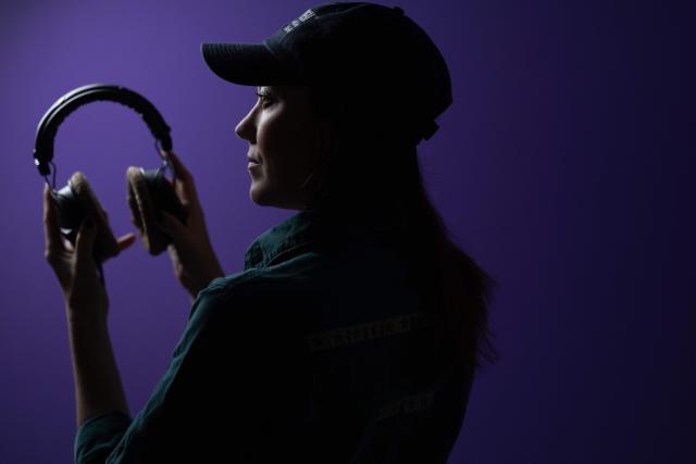 French producer-singer-songwriter of electronic music Cecile Leoge, aka DeLaurentis, poses in her music studio at home during a photo session in Paris, on March 31, 2026. (Photo by Joel Saget / AFP)